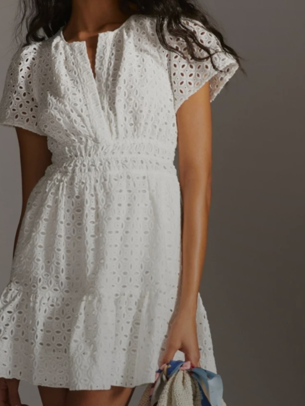 Anthropologie White Eyelet Cinched Waist Mini Dress - bridal, graduation